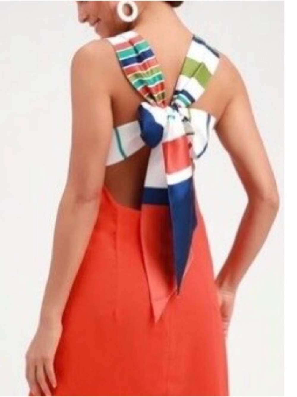 Lulu's Red Dress with Navy, White and Green Stripe tie in back, open back